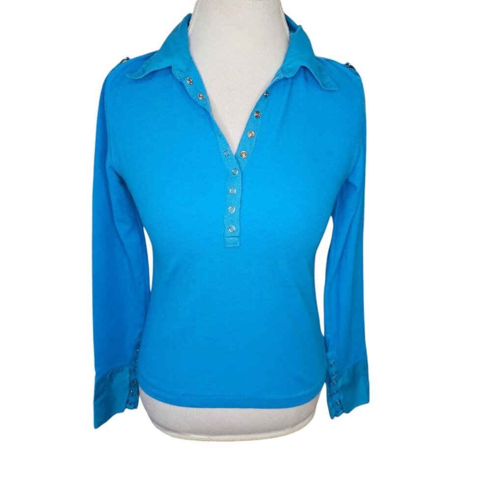 90s Y2K Womens S/M Waffle Knit Polo Longsleeve Aqua Teal Blue Snaps Retro Fitted